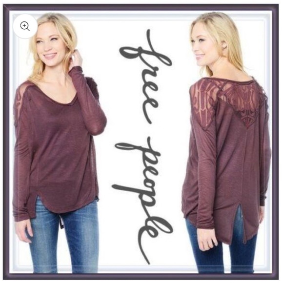 Free People The Gatsby Embroidered Mesh Wine Long Sleeve V-Neck Tee Tunic Top - Picture 4 of 14